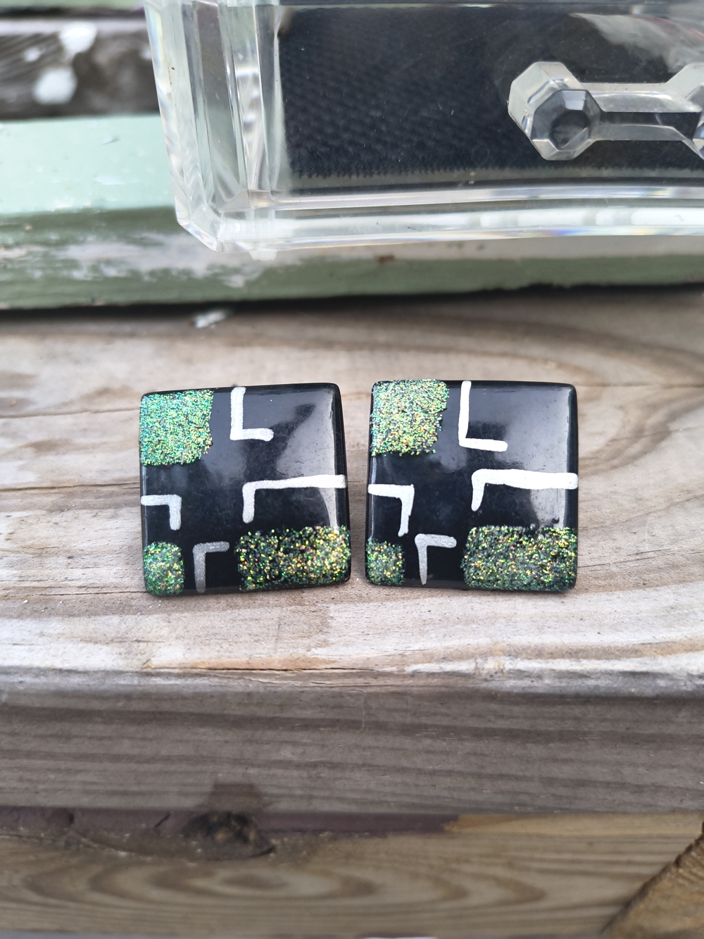 Green and Black Square Resin Earrings - Modern Geometric Studs